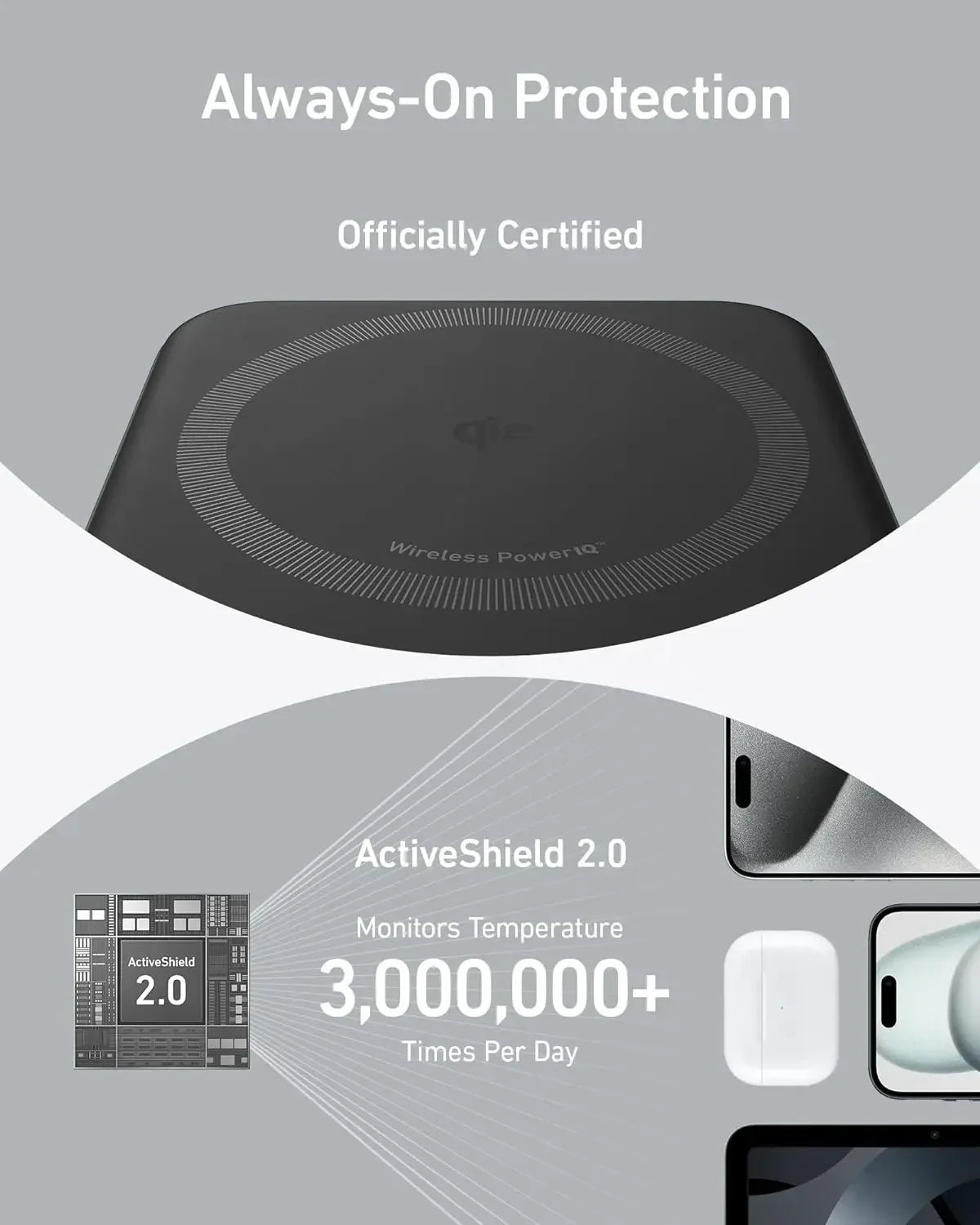 Close-up of a black wireless charger with Always-On Protection and ActiveShield 2.0 temperature monitoring technology