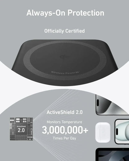 Close-up of a black wireless charger with Always-On Protection and ActiveShield 2.0 temperature monitoring technology