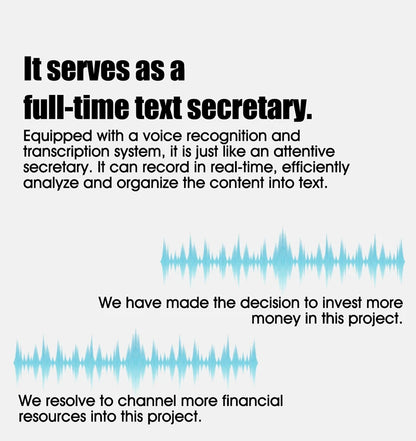 Text highlighting a voice recognition and transcription system acting as a full-time text secretary with audio waveforms below statements.