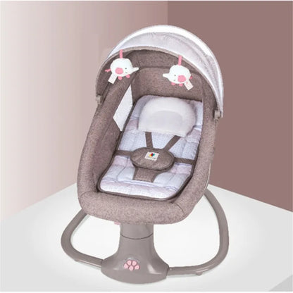 Gray multifunctional electric baby rocker with canopy and soft padding on a plain beige background