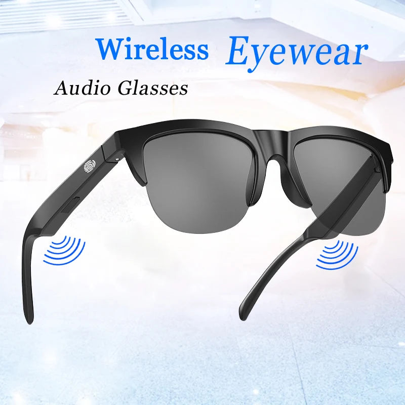 Black wireless Bluetooth audio sunglasses with dark lenses and Bluetooth sound waves on a light background