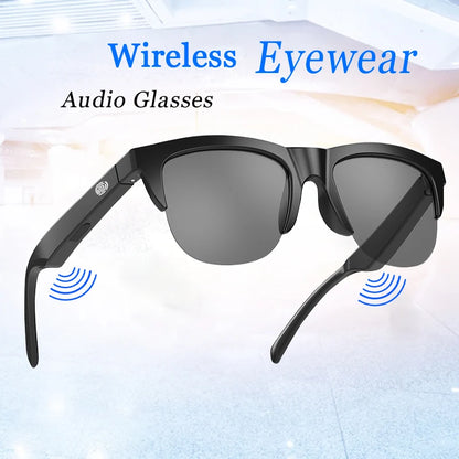 Black wireless Bluetooth audio sunglasses with dark lenses and Bluetooth sound waves on a light background