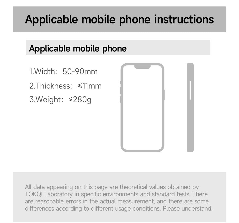 Diagram showing compatible mobile phone size with width 50-90mm, thickness up to 11mm, and weight up to 280g