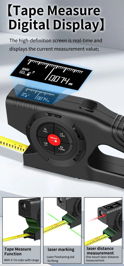 Black 3-in-1 laser distance meter with digital tape measure, laser marking, and LCD backlit display on white background