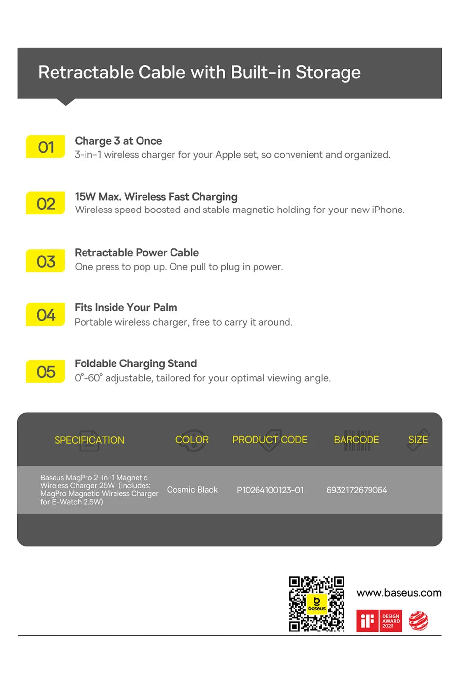Instructional graphic highlighting features of Baseus 3-in-1 magnetic wireless charger with retractable cable and foldable stand