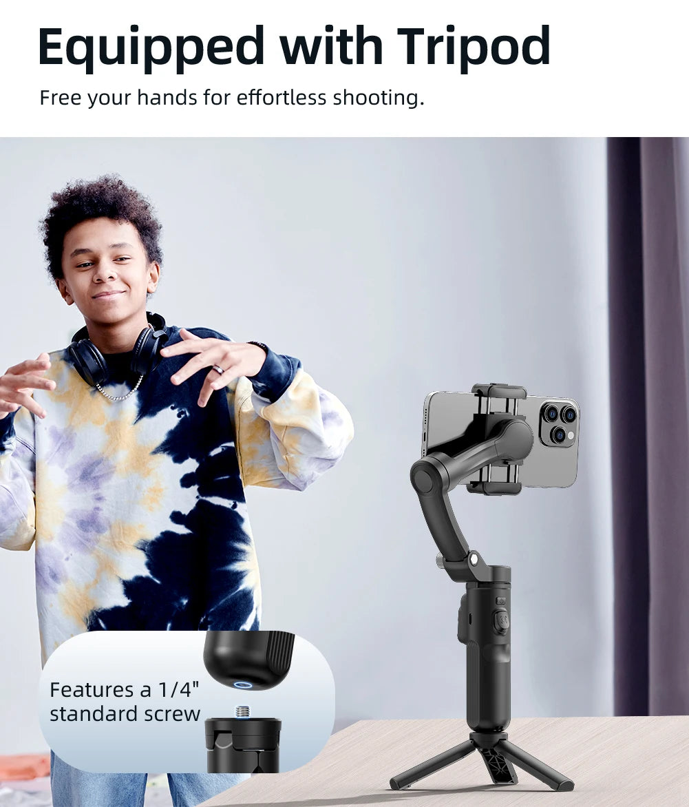Young man wearing tie-dye sweatshirt posing beside a smartphone mounted on a black portable 3-axis gimbal tripod