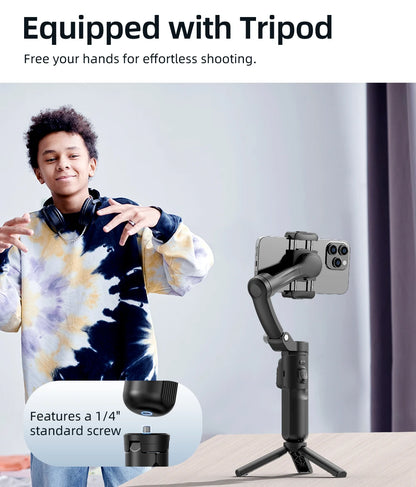 Young man wearing tie-dye sweatshirt posing beside a smartphone mounted on a black portable 3-axis gimbal tripod