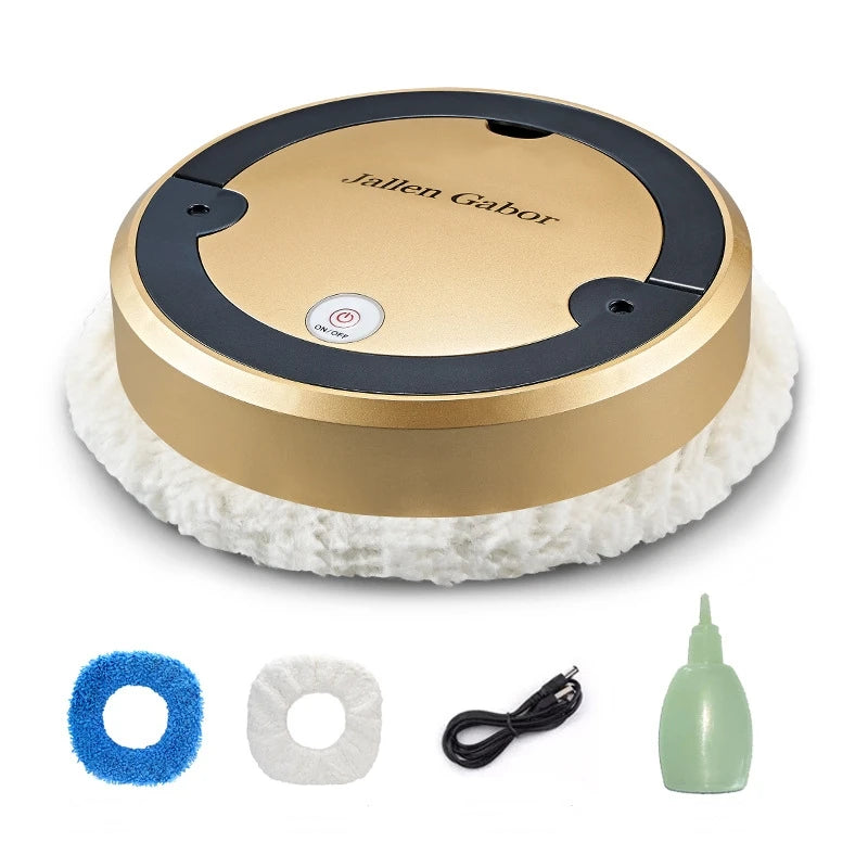 Gold and black automatic robot vacuum cleaner with cleaning pads, USB cable, and green cleaning solution bottle on white background