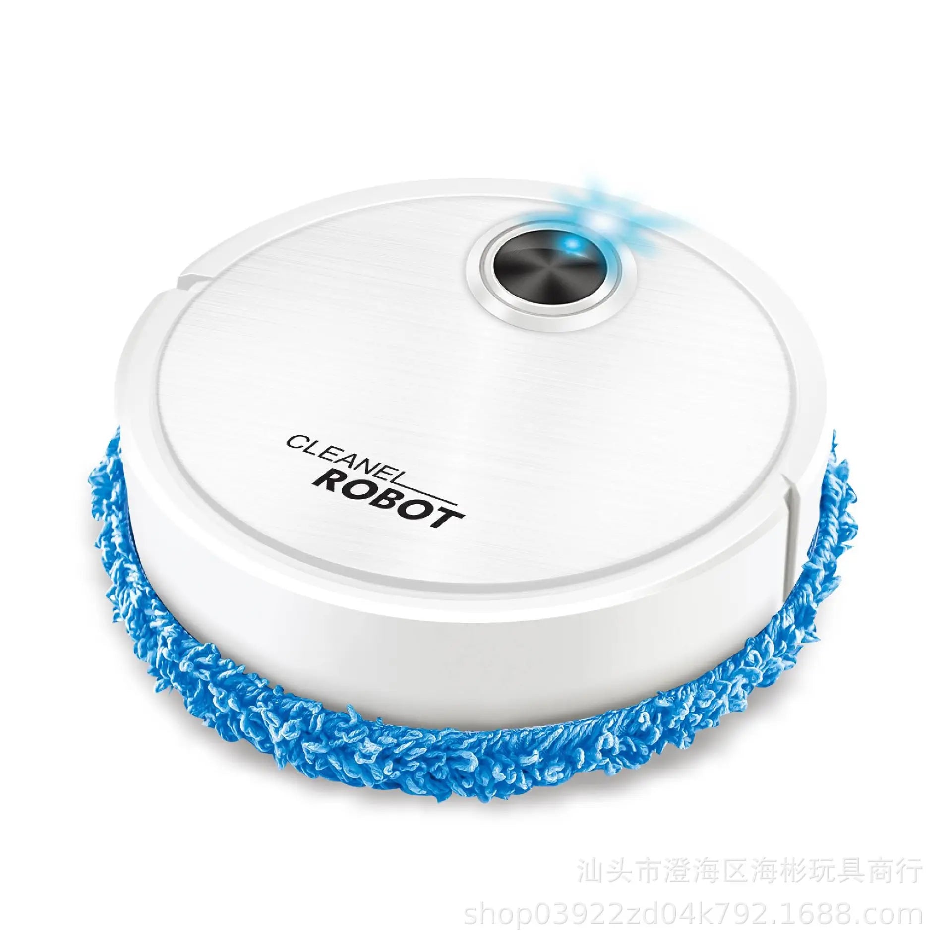 White automatic robot vacuum cleaner with blue cleaning brush ring on a plain white background