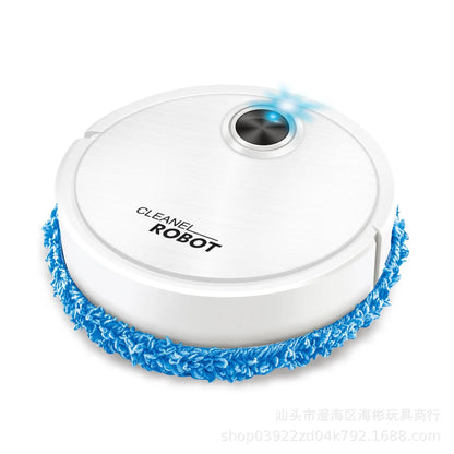 White automatic robot vacuum cleaner with blue cleaning brush ring on a plain white background