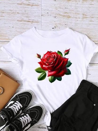 T-shirt floral femme - Col rond manches courtes streetwear