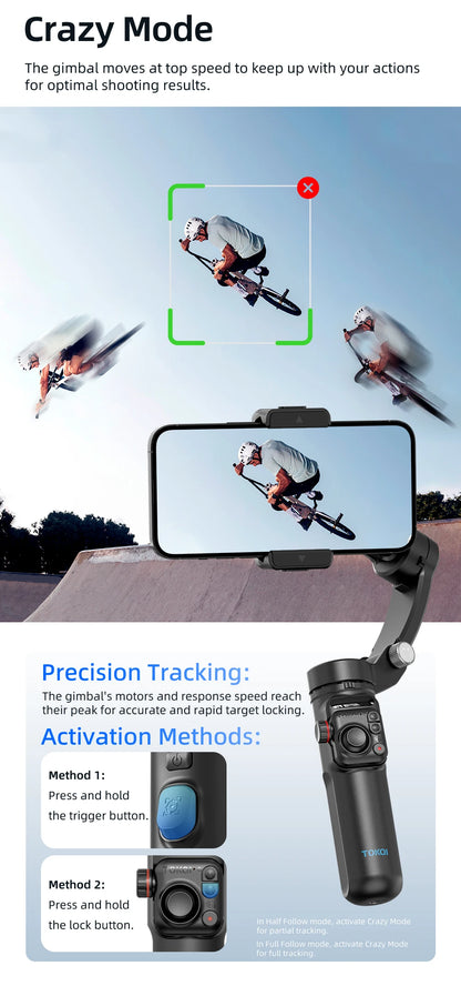 Portable 3-axis smartphone gimbal with wireless remote showing BMX rider tracked in Crazy Mode on screen