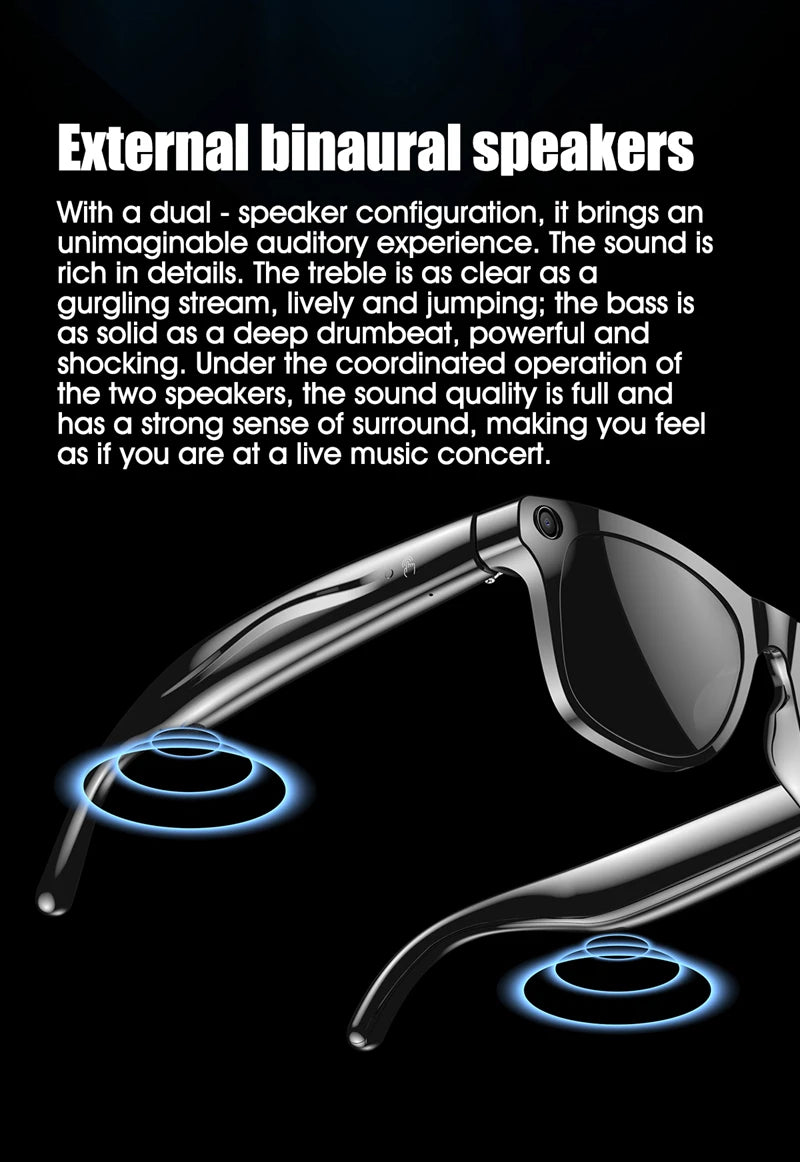 Close-up of sleek black smart glasses highlighting external binaural speakers with audio waves on a black background