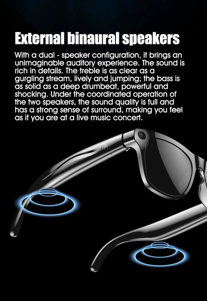 Close-up of sleek black smart glasses highlighting external binaural speakers with audio waves on a black background