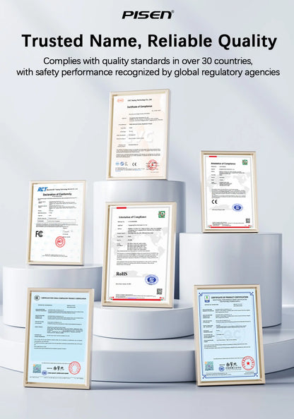 Certificates of compliance and quality standards displayed on pedestals under PISEN logo and text Trusted Name Reliable Quality
