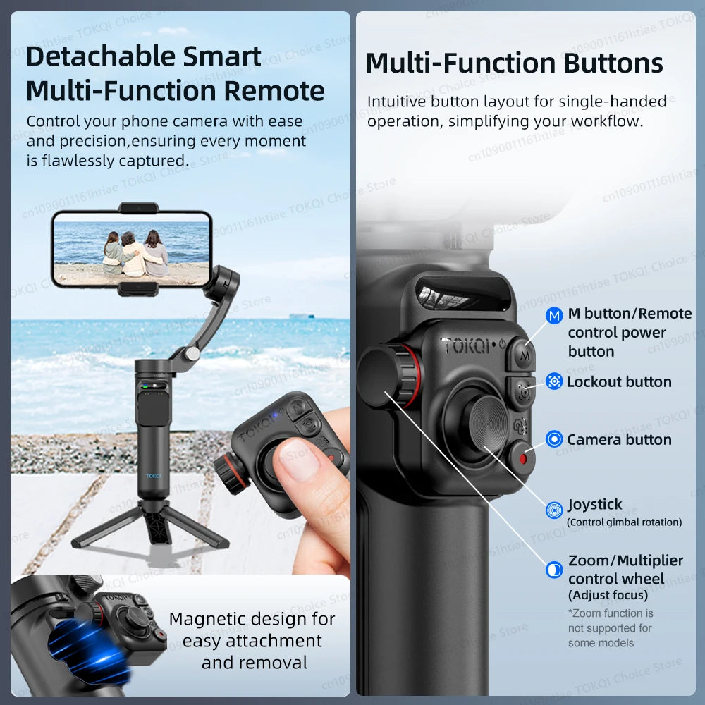 Detachable smart remote controlling smartphone gimbal mounted on tripod with magnetic design and multi-function buttons close-up view