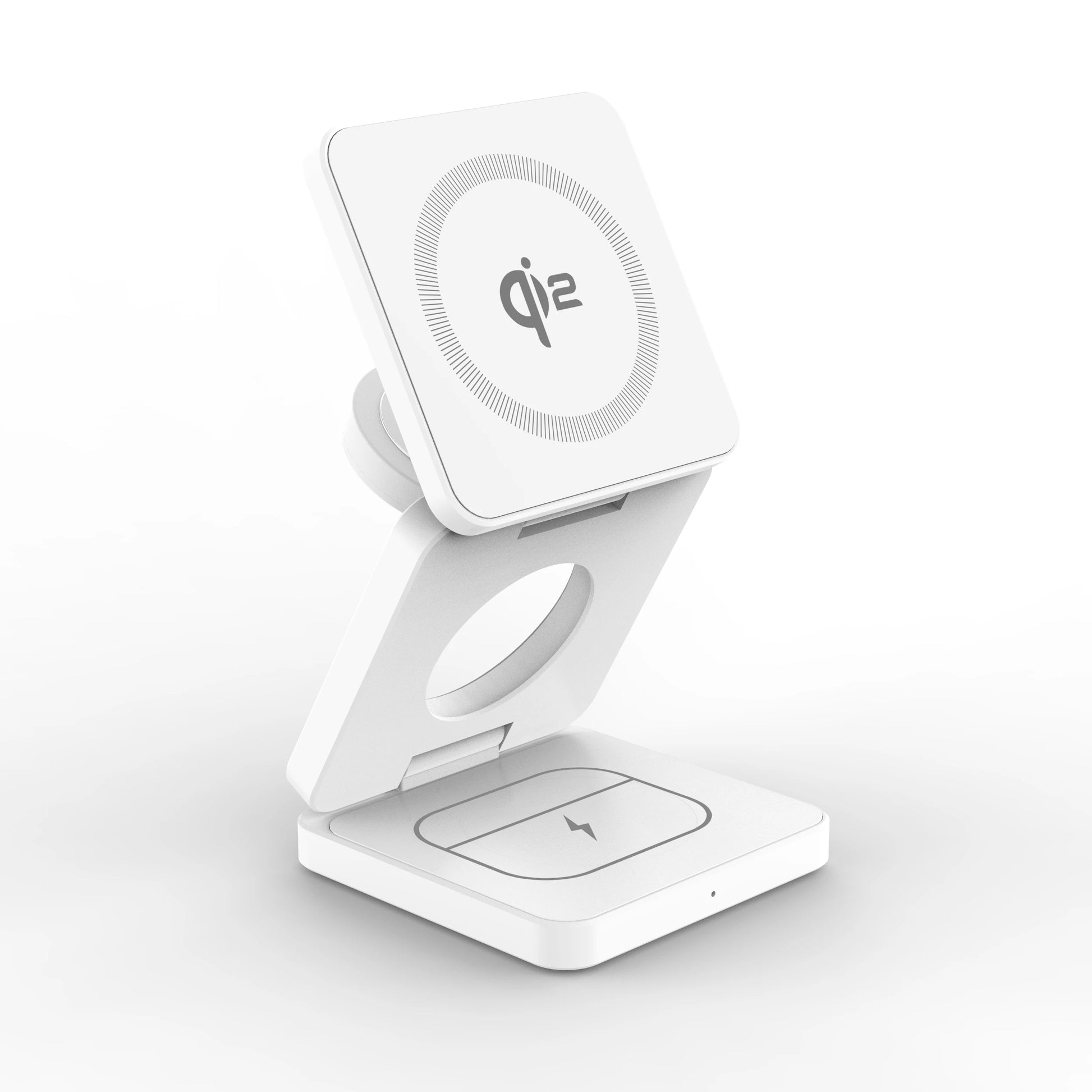 White foldable 3-in-1 magnetic wireless charger with Qi2 logo for iPhone, Apple Watch, and AirPods charging