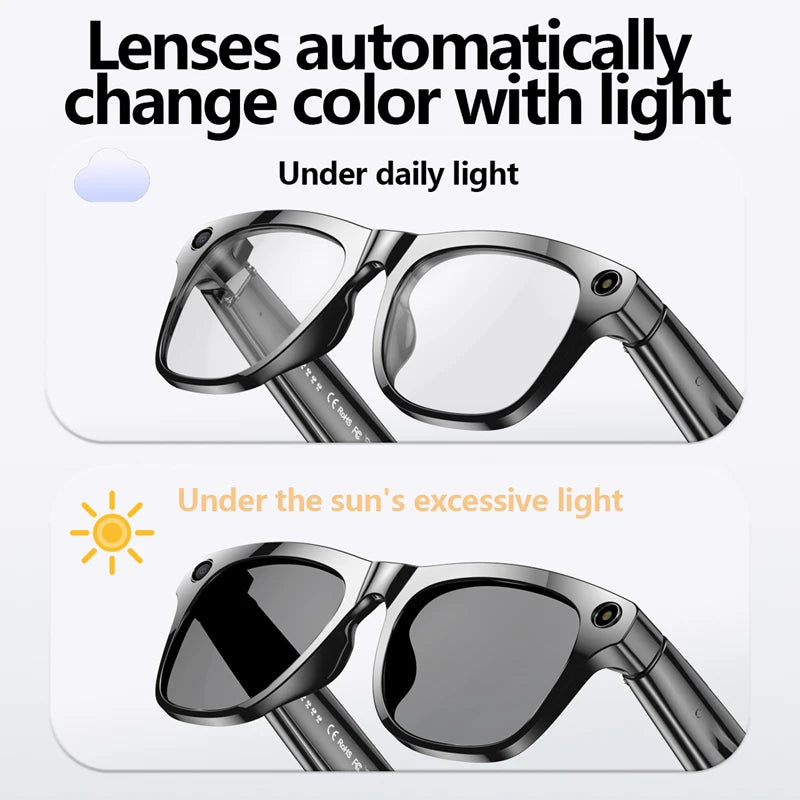 Smart glasses with clear lenses under daily light and dark lenses under bright sunlight showing color change feature