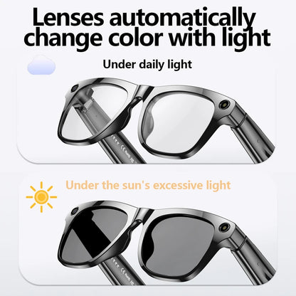 Smart glasses with clear lenses under daily light and dark lenses under bright sunlight showing color change feature