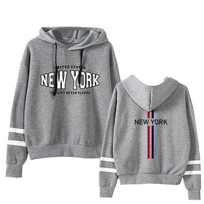 Gray two-piece hoodie and jogging set with white stripes and New York print on front and back
