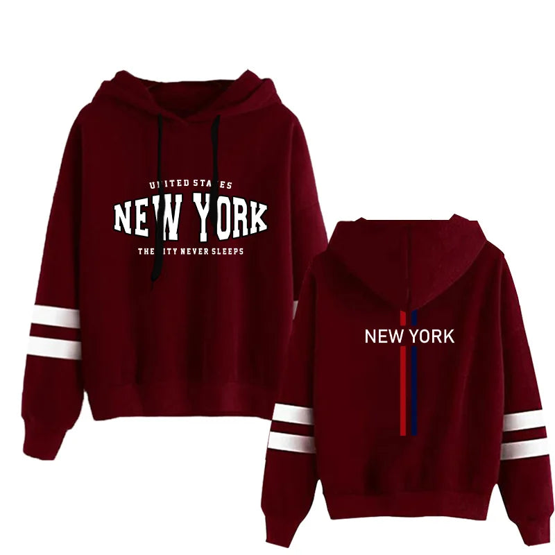 Burgundy hoodie with New York text and white stripes on sleeves, shown front and back views