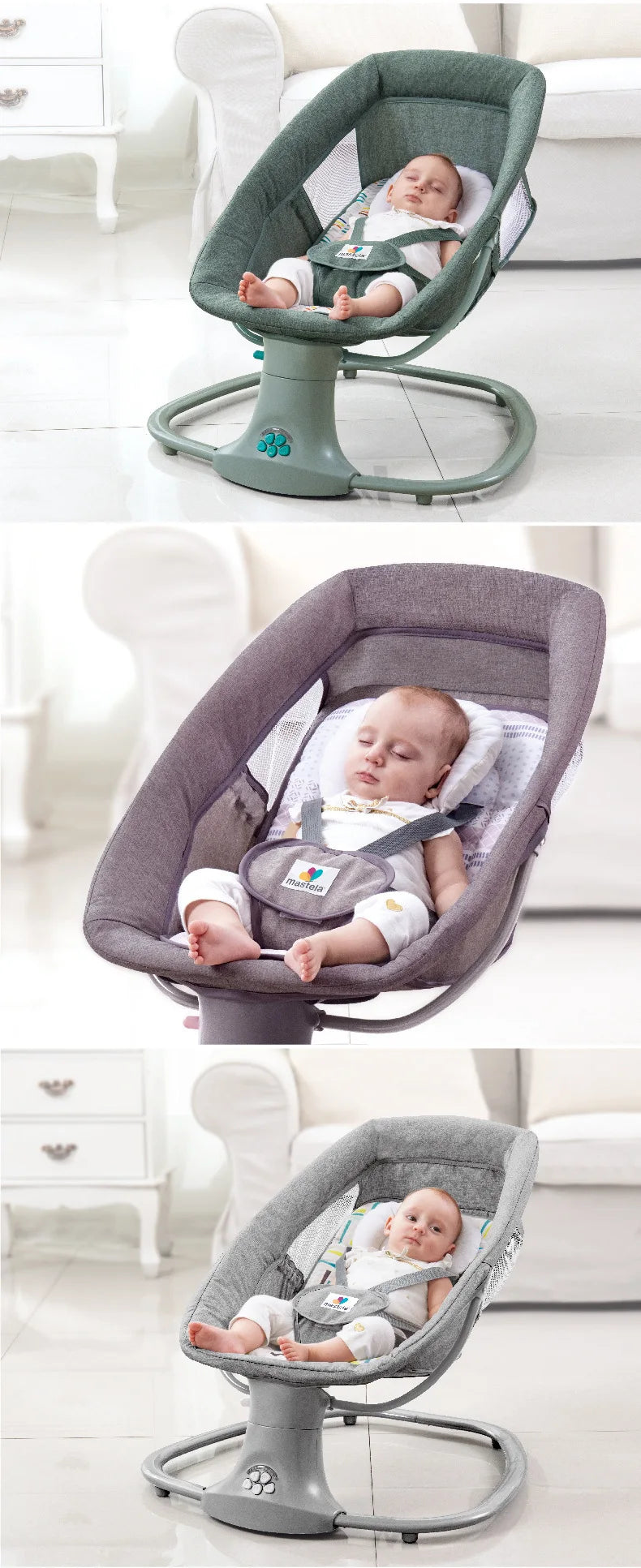 Three images of babies resting in different colored electric multifunctional rocking baby chairs in a living room setting
