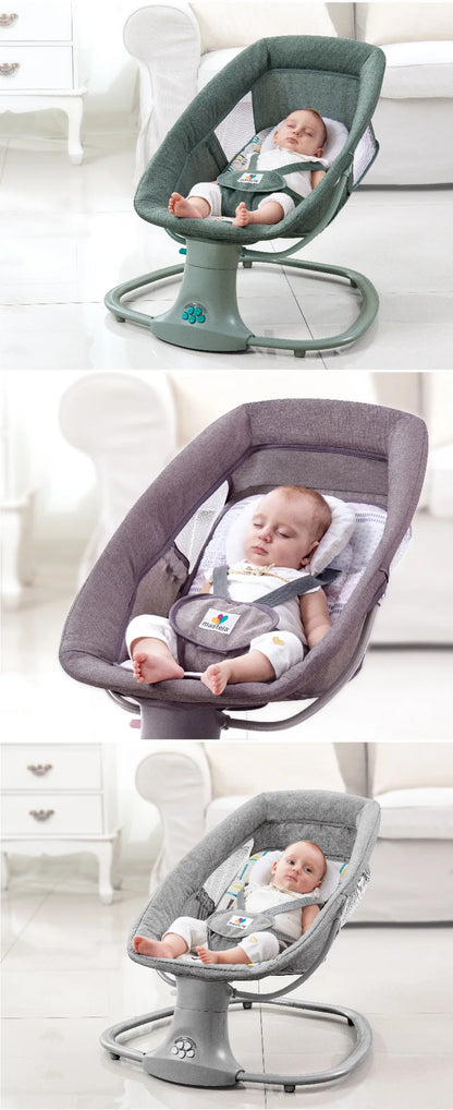 Three images of babies resting in different colored electric multifunctional rocking baby chairs in a living room setting