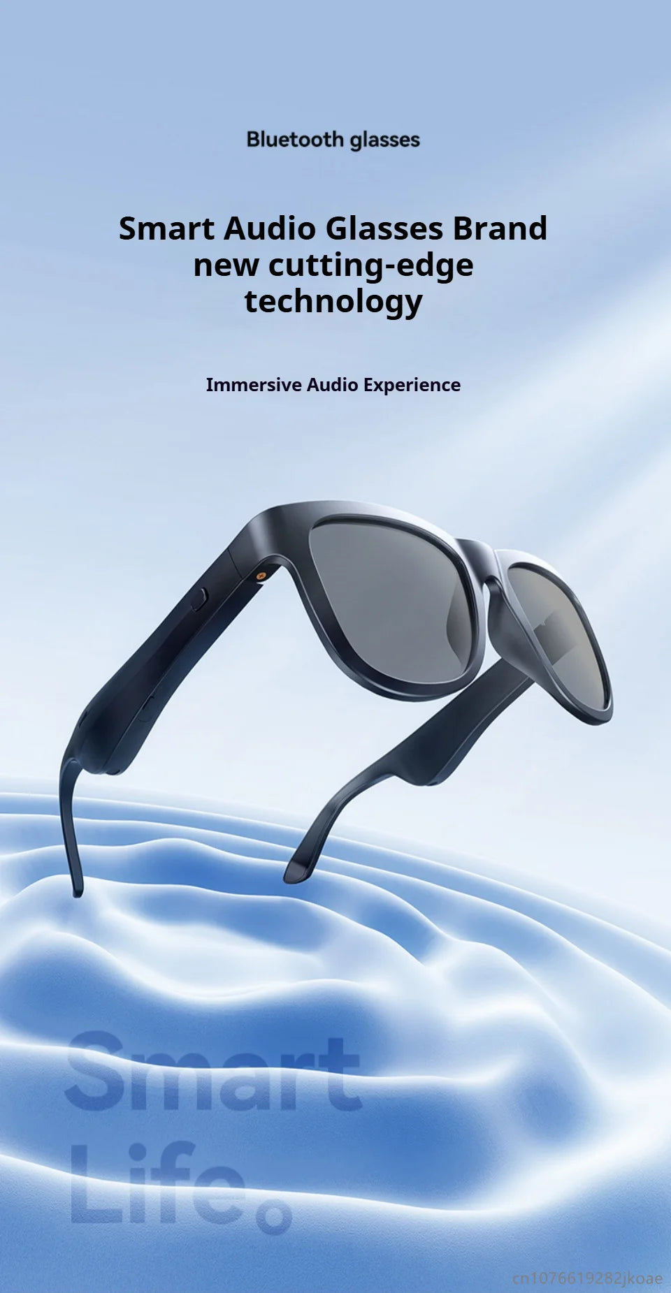 Black smart audio sunglasses with Bluetooth earbuds floating above a blue surface with text describing cutting-edge technology