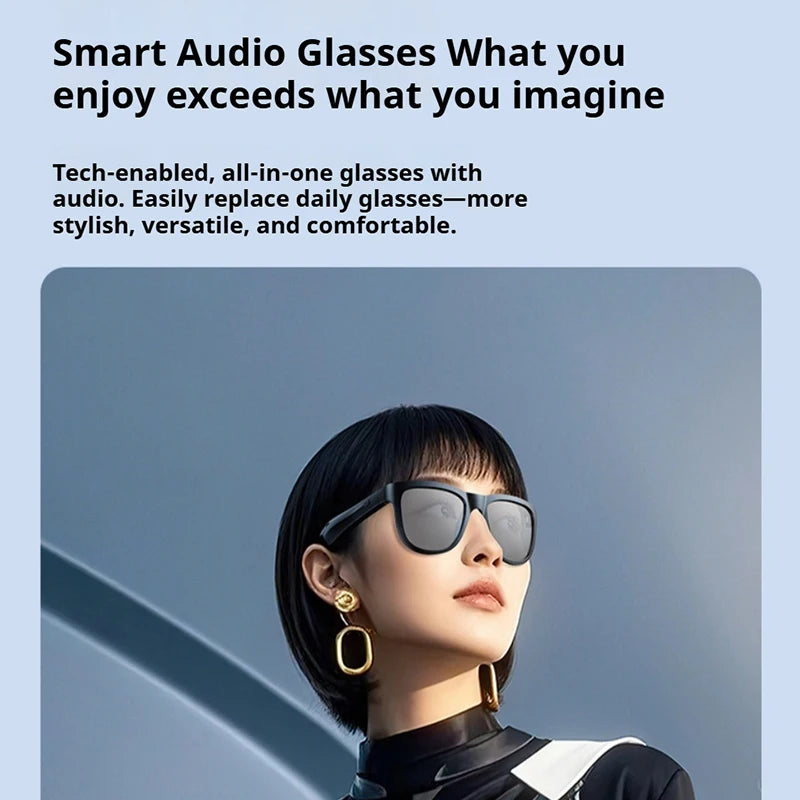 Woman wearing black smart audio sunglasses with reflective lenses and gold earrings against a blue background