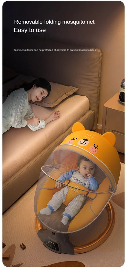 Baby sitting in a yellow bear-themed electric rocking chair with removable mosquito net next to a sleeping woman in bed