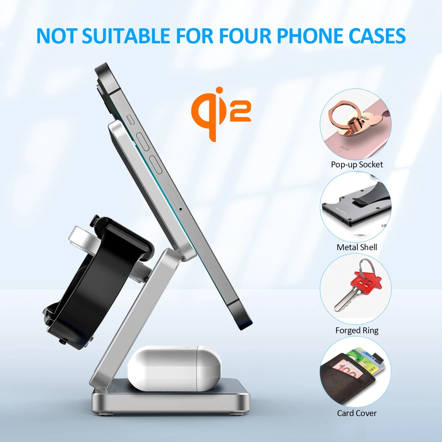 Qi2 wireless charger showing compatibility issues with pop-up socket, metal shell, forged ring, and card cover phone cases
