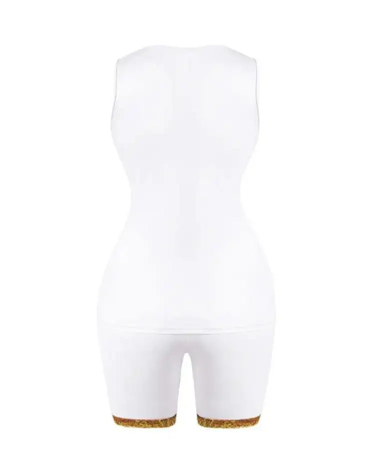 Back view of plain white sleeveless top and matching shorts with leopard print trim on hem