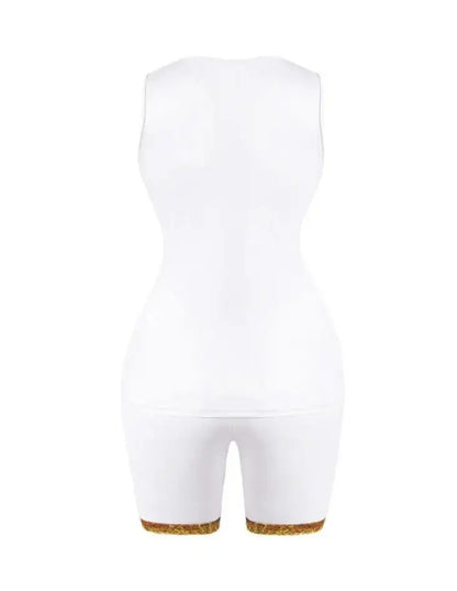 Back view of plain white sleeveless top and matching shorts with leopard print trim on hem