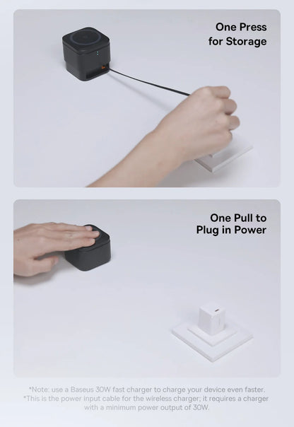 Hand pressing black compact charger with retractable cable plugged into white power adapter on a plain surface
