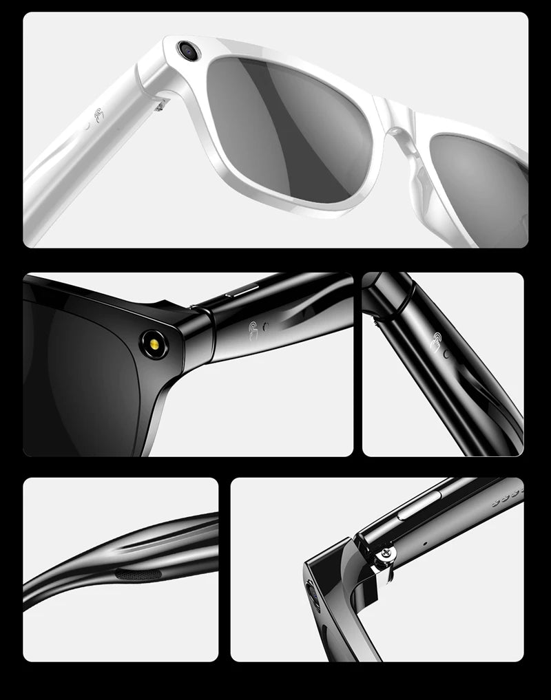 Close-up views of white and black AI smart glasses highlighting camera, frame details, and control buttons against white background