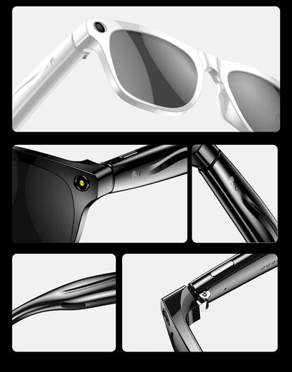 Close-up views of white and black AI smart glasses highlighting camera, frame details, and control buttons against white background