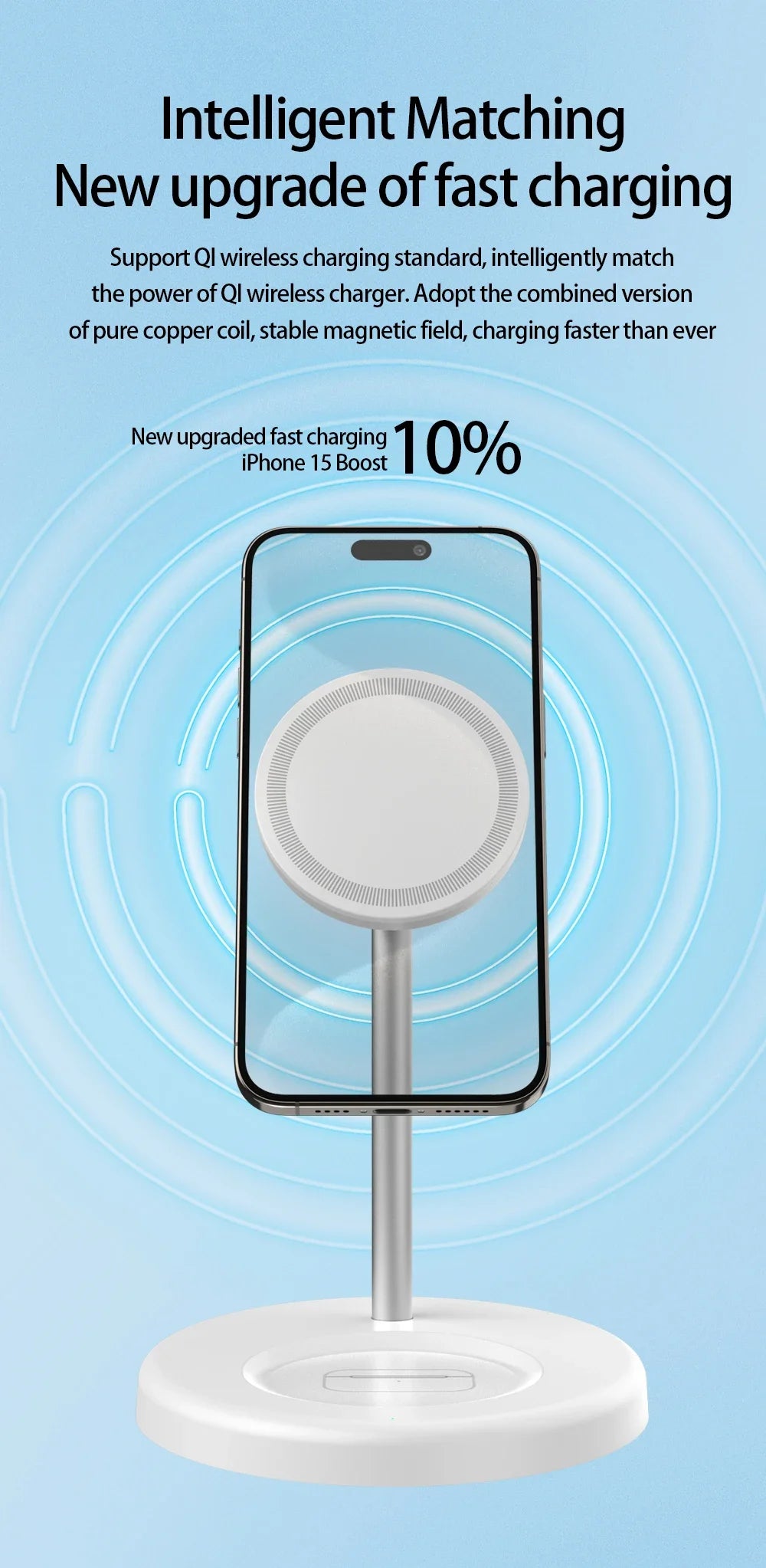 White 2-in-1 magnetic wireless charging stand with phone displaying charging boost on a light blue background