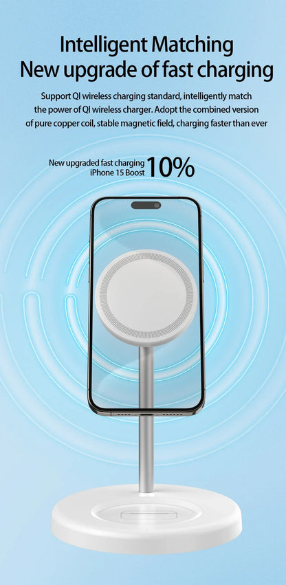 White 2-in-1 magnetic wireless charging stand with phone displaying charging boost on a light blue background