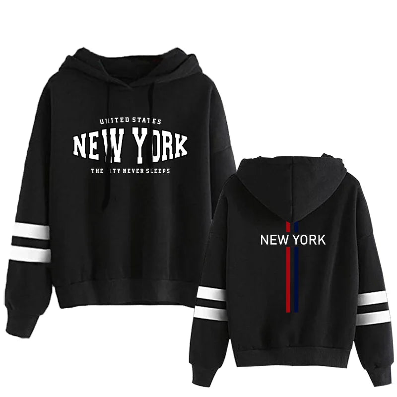 Black two-piece hoodie set with white New York text and stripe details on sleeves and back vertical lines
