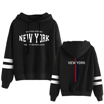 Black two-piece hoodie set with white New York text and stripe details on sleeves and back vertical lines