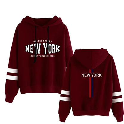 Burgundy two-piece hoodie set with white stripes on sleeves and New York graphic text on front and back