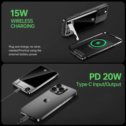Wireless power bank with 15W charging and 20W PD Type-C input/output connected to smartphones in black cases