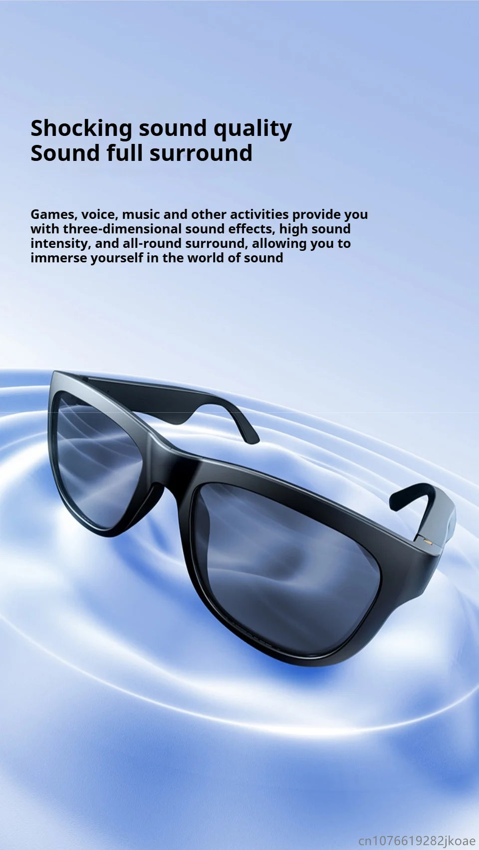 Black smart sunglasses with built-in surround sound technology floating above blue rippled surface