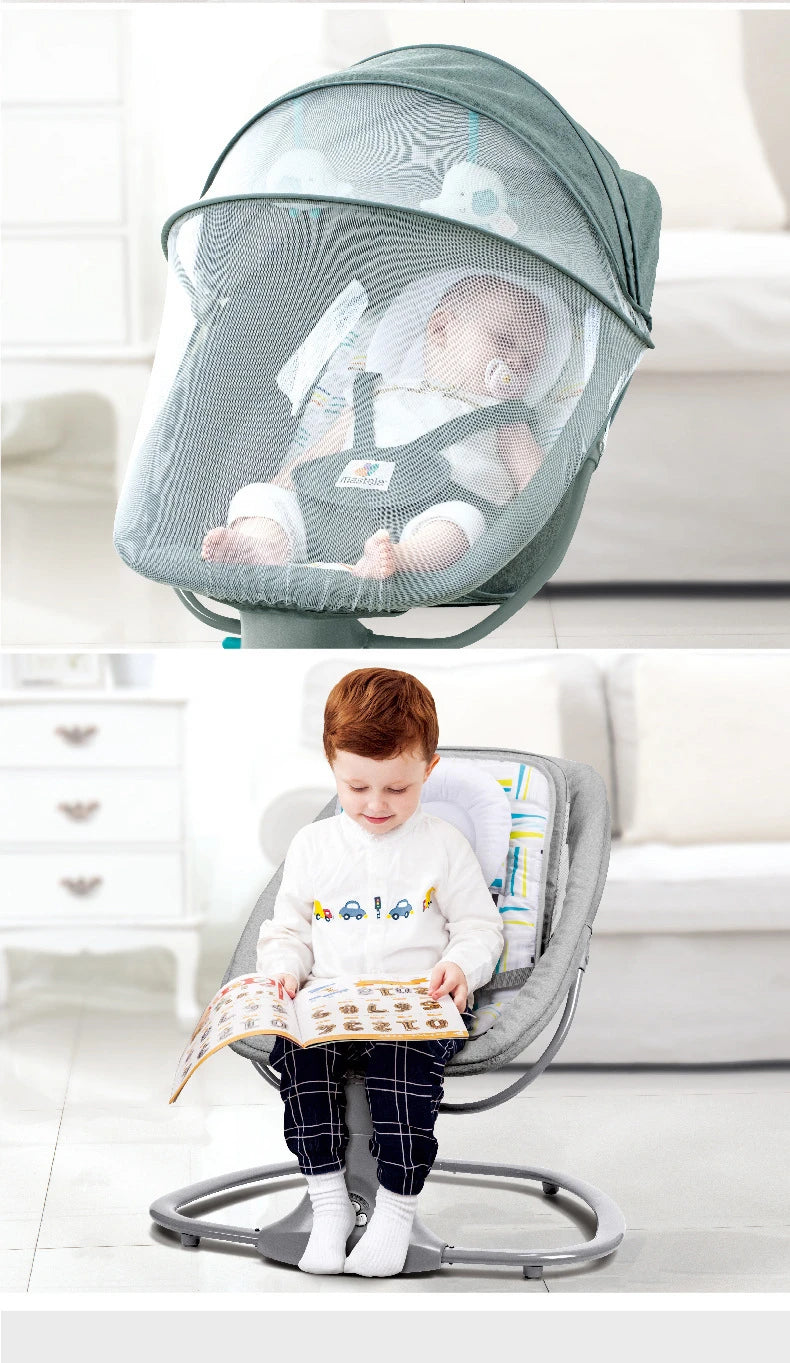 Baby sleeping in an electric multifunctional rocking chair with mesh cover and toddler sitting on a similar seat reading a book