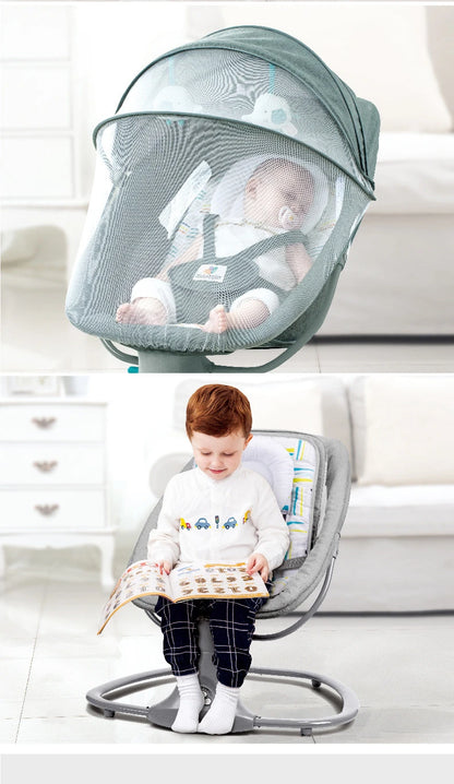Baby sleeping in an electric multifunctional rocking chair with mesh cover and toddler sitting on a similar seat reading a book