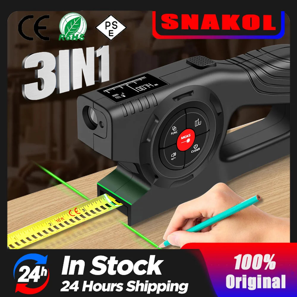 Black digital 3-in-1 laser distance measurer with LCD display and built-in tape measure on wooden surface