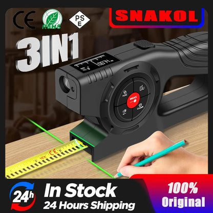 Black digital 3-in-1 laser distance measurer with LCD display and built-in tape measure on wooden surface