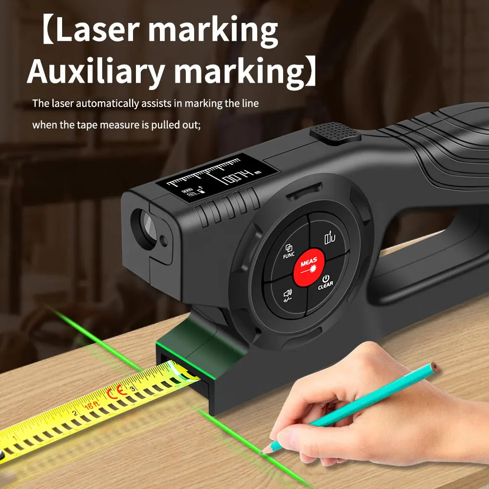 Black 3-in-1 laser distance measurer with digital LCD and tape measure marking a line on wooden surface