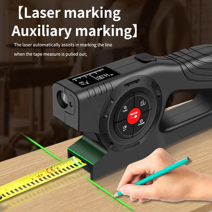 Black 3-in-1 laser distance measurer with digital LCD and tape measure marking a line on wooden surface