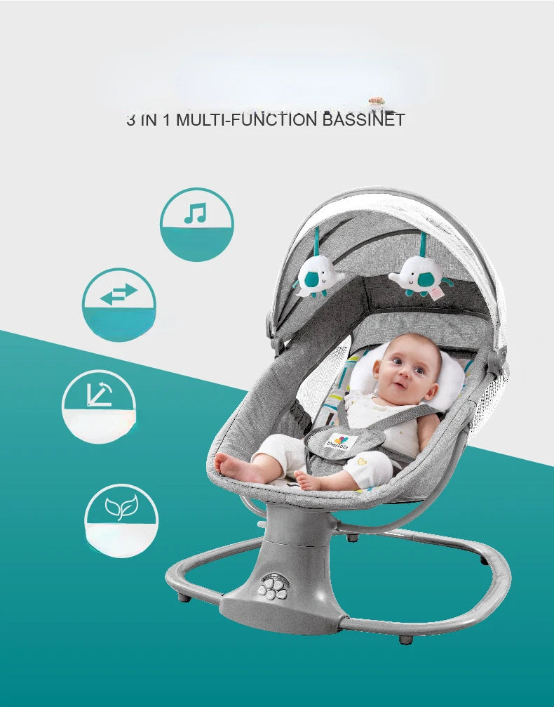 Baby sitting comfortably in gray electric multifunction rocking chair with toy mobile overhead on blue background